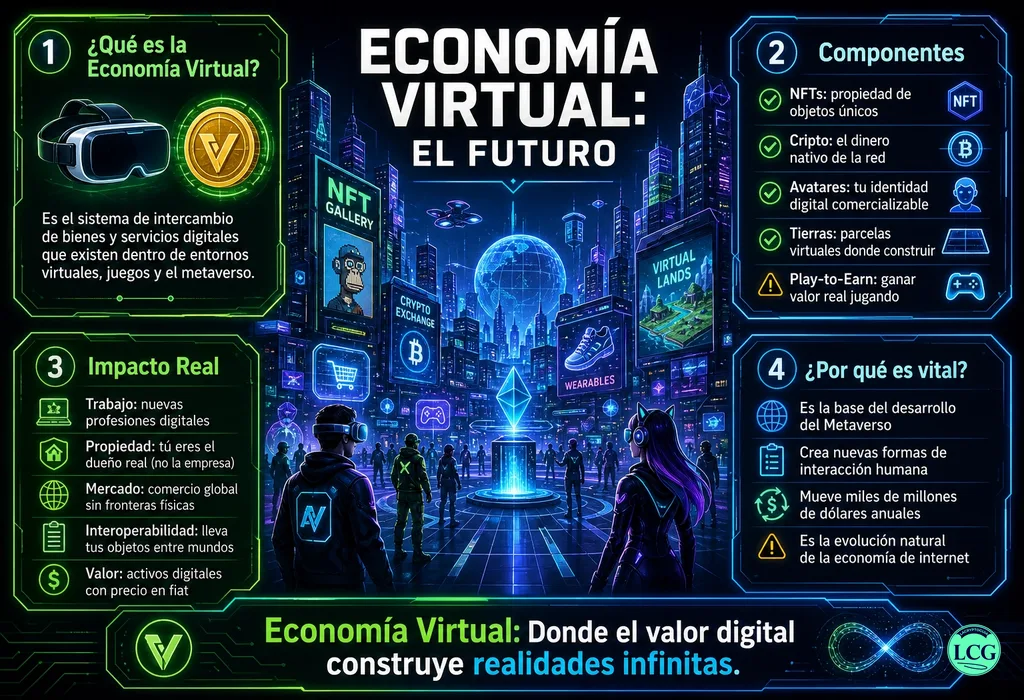 Infograf&iacute;a explicativa sobre Virtual Economy en blockchain y crypto