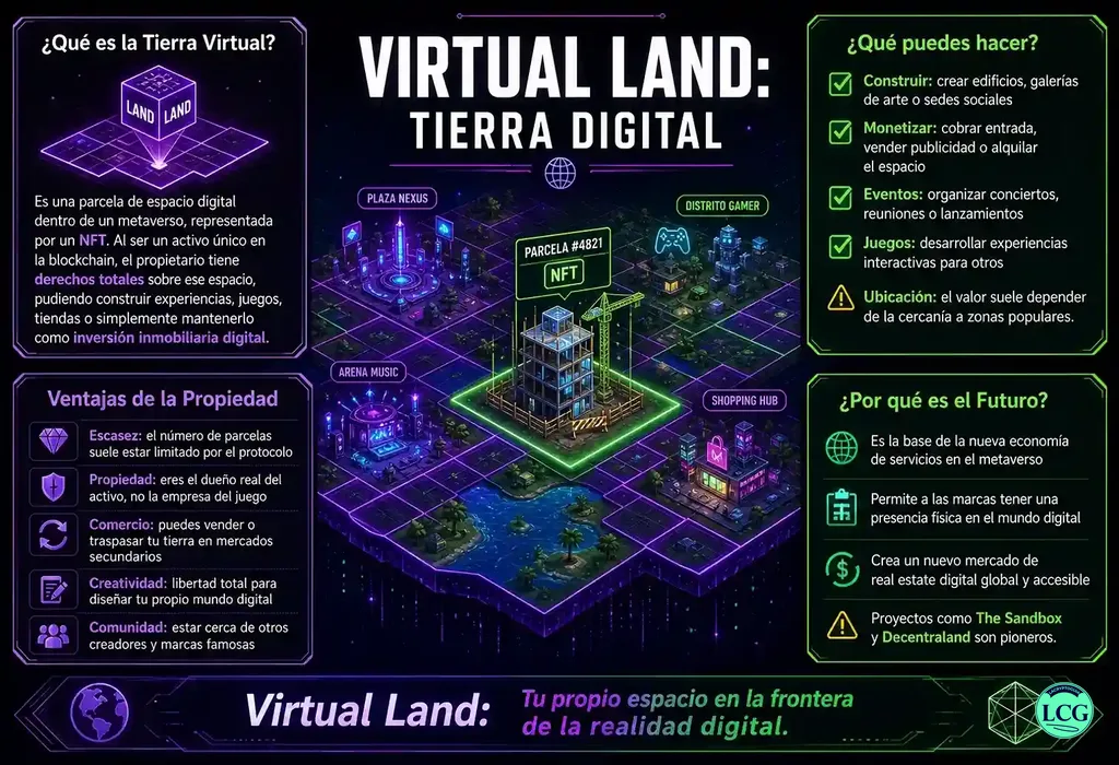 Infograf&iacute;a explicativa sobre Virtual Land en blockchain y crypto