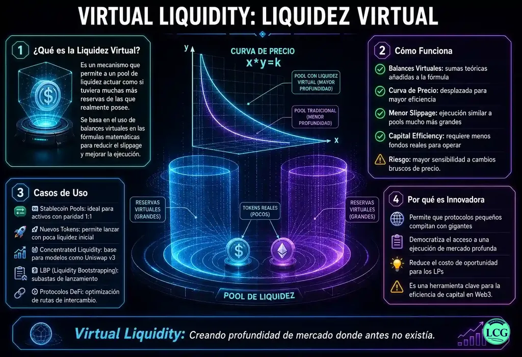 Infograf&iacute;a explicativa sobre Virtual Liquidity en blockchain y crypto
