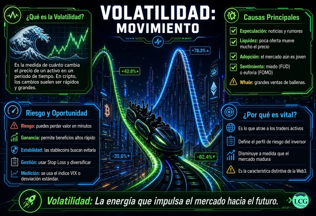 Infograf&iacute;a explicativa sobre Volatility en blockchain y crypto