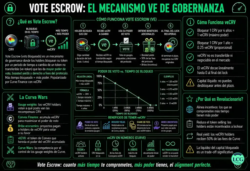 Infograf&iacute;a explicativa sobre Vote Escrow en blockchain y crypto