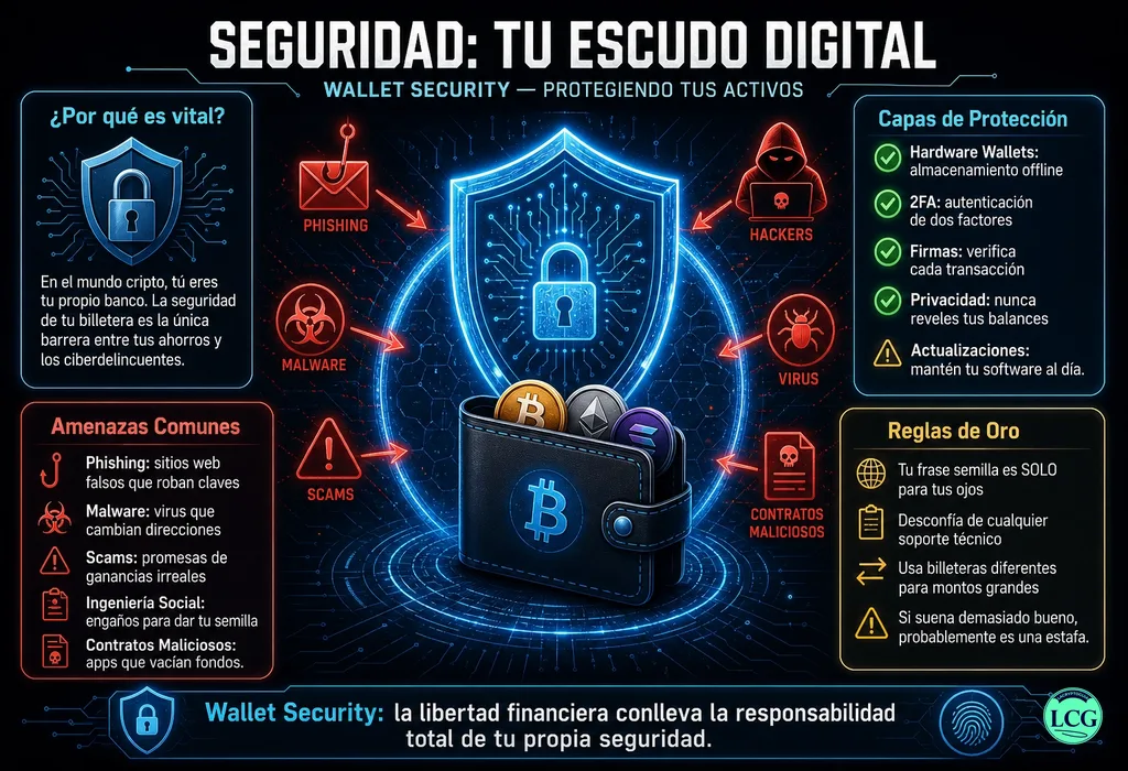 Infograf&iacute;a explicativa sobre Wallet Security en blockchain y crypto
