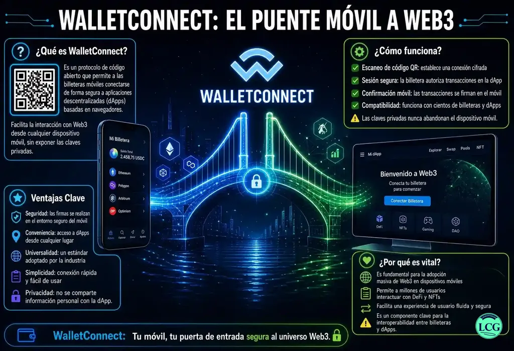 Infograf&iacute;a explicativa sobre Walletconnect en blockchain y crypto