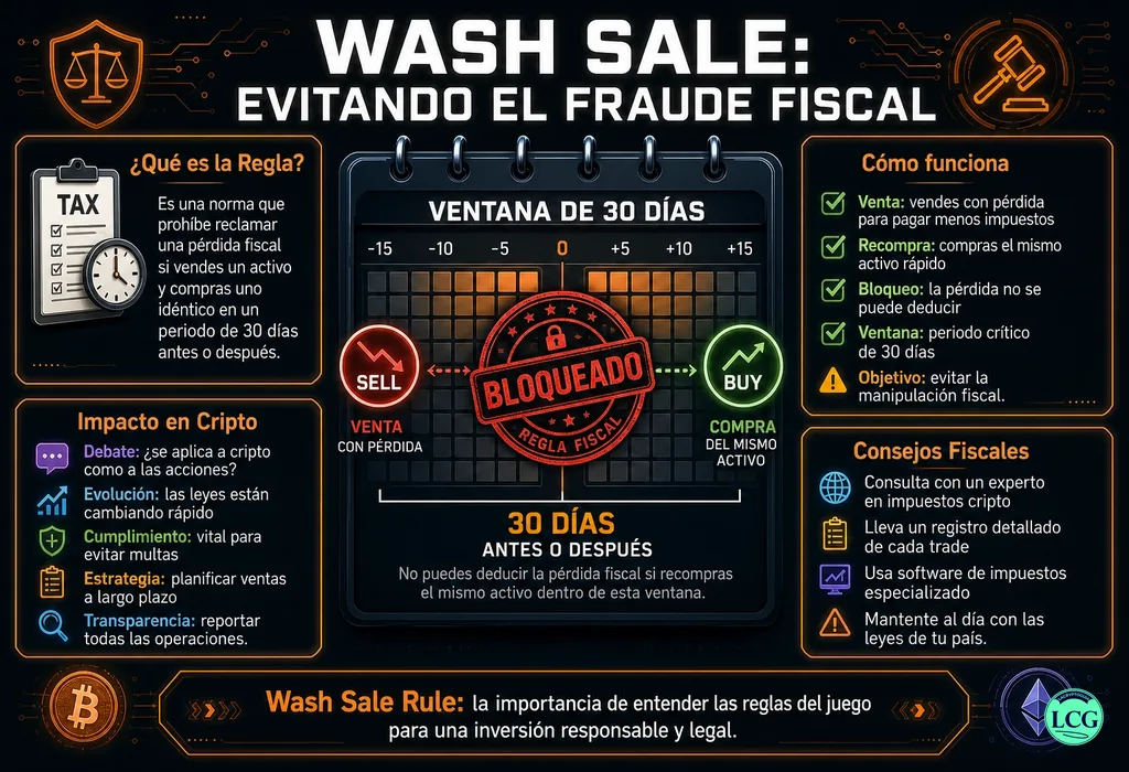 Infograf&iacute;a explicativa sobre Wash Sale Rule en blockchain y crypto