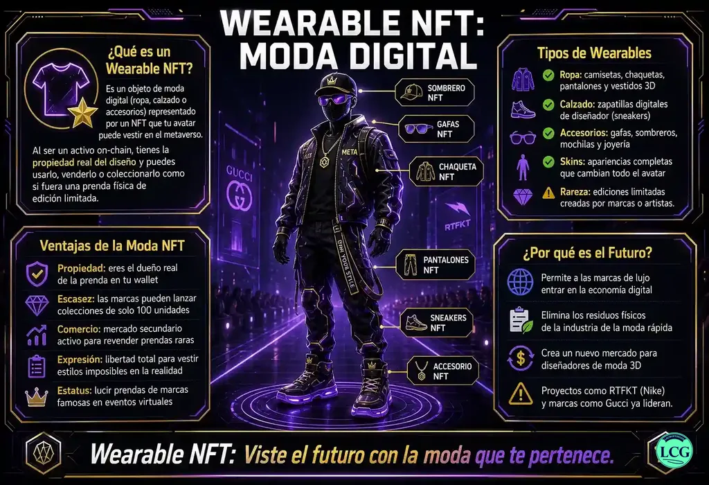 Infograf&iacute;a explicativa sobre Wearable Nft en blockchain y crypto