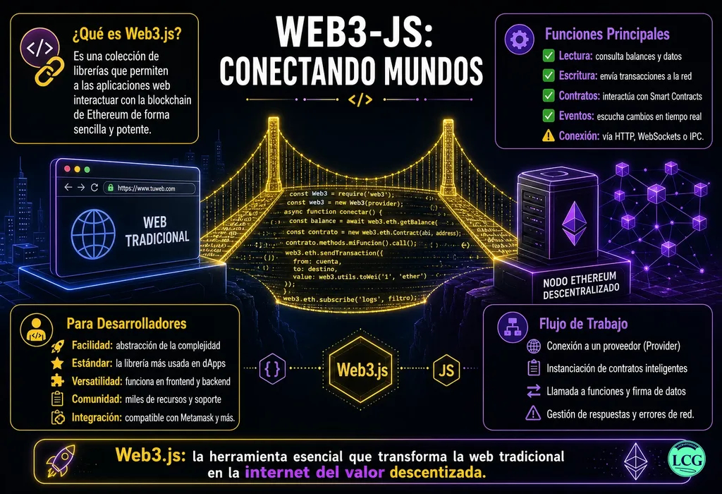Infografía explicativa sobre Web3 Js en blockchain y crypto