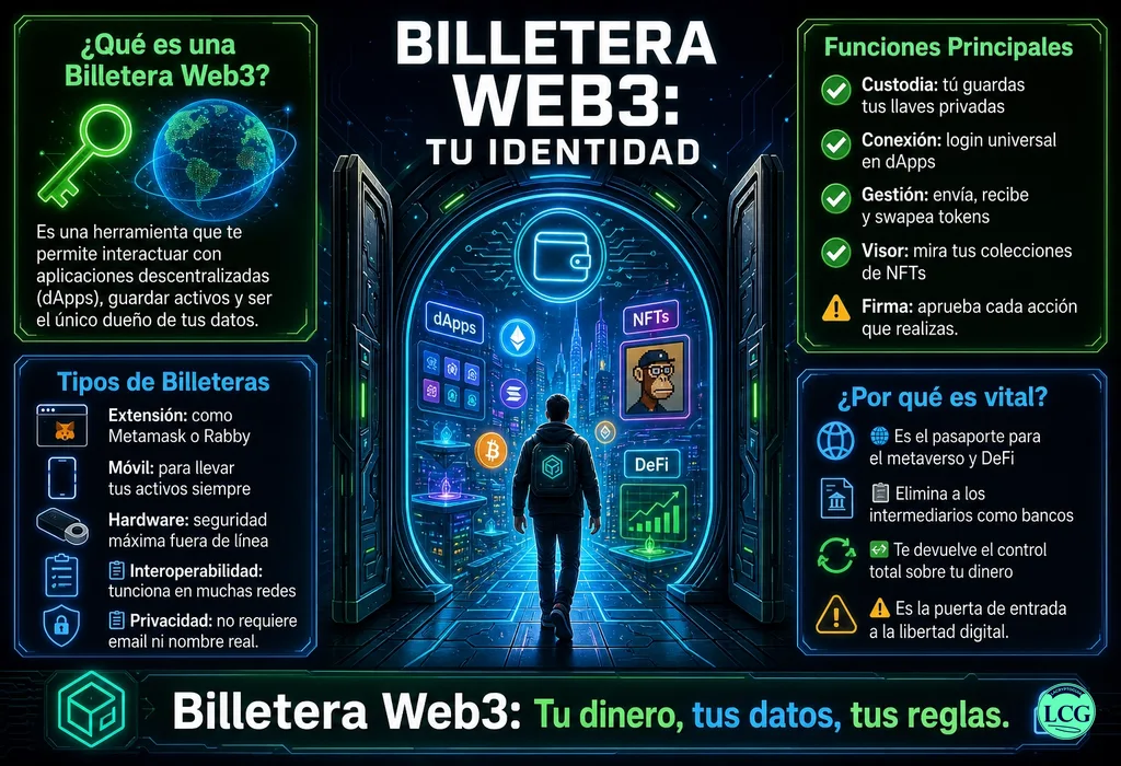 Infograf&iacute;a explicativa sobre Web3 Wallet en blockchain y crypto