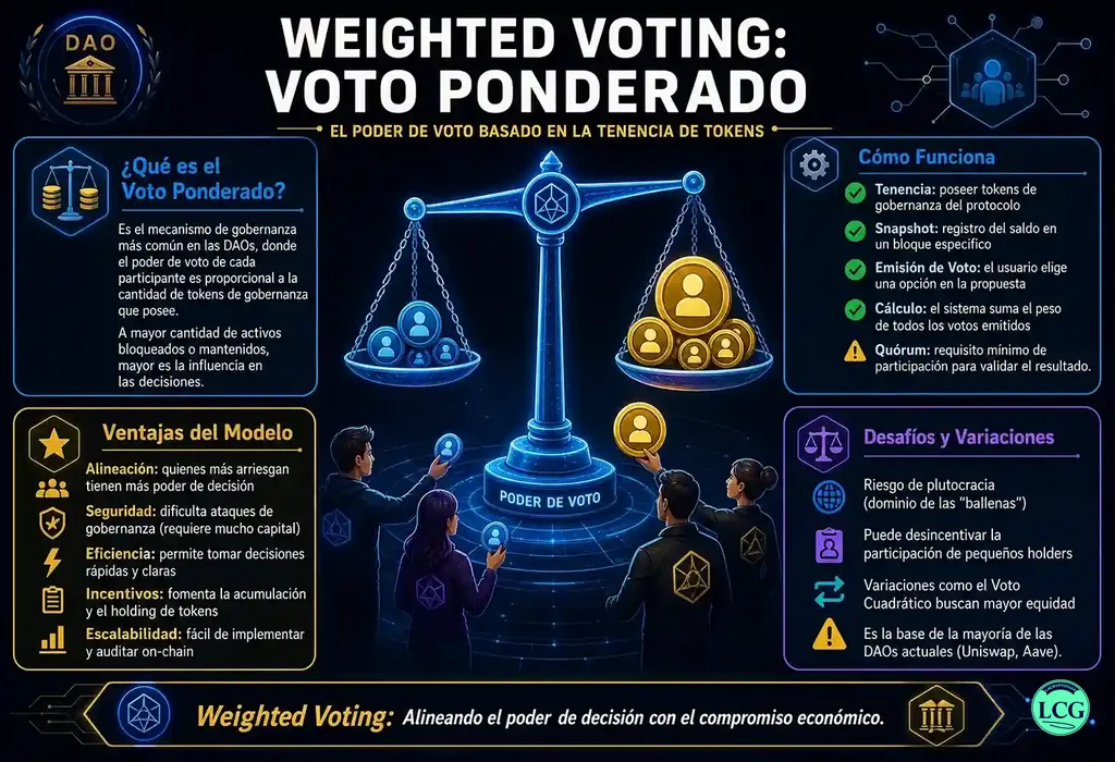 Infograf&iacute;a explicativa sobre Weighted Voting en blockchain y crypto