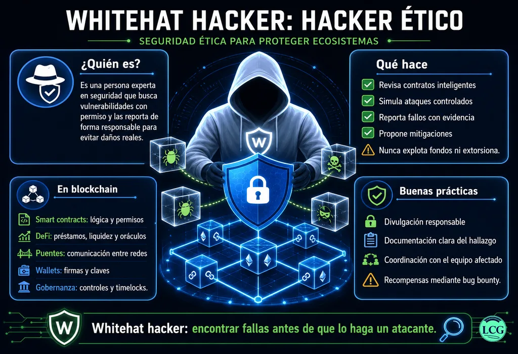 Infograf&iacute;a explicativa sobre Whitehat Hacker en blockchain y crypto