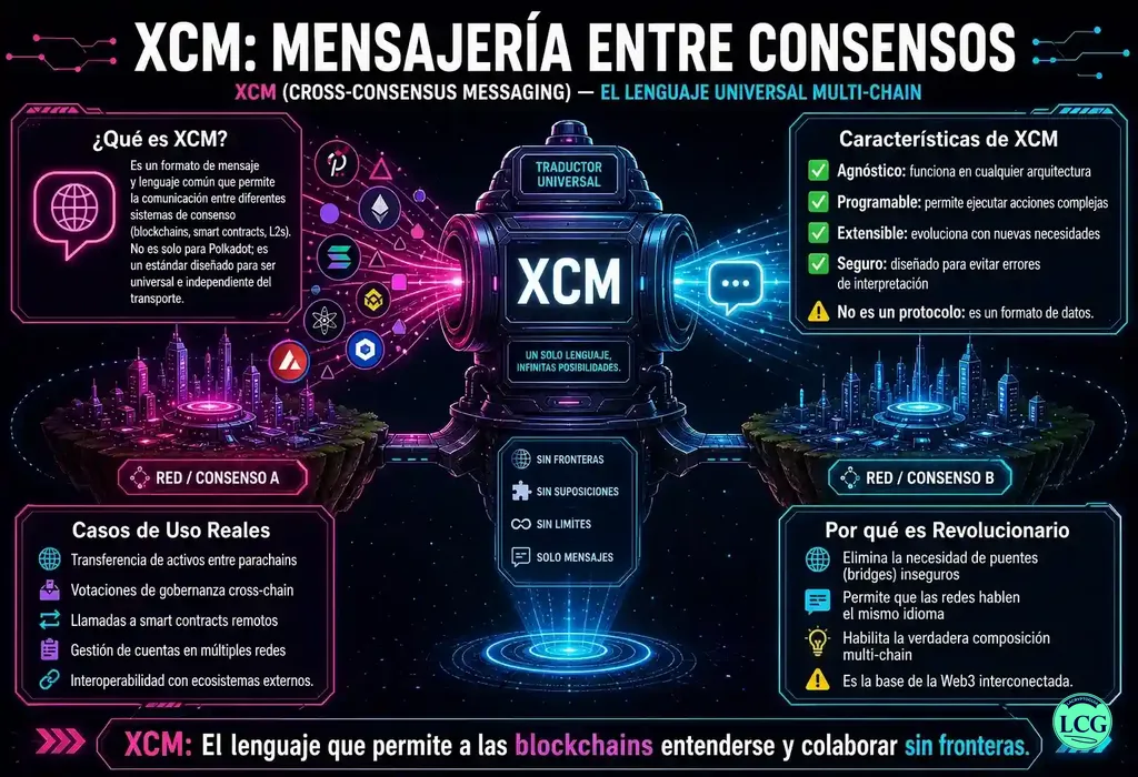 Infograf&iacute;a explicativa sobre Xcm en blockchain y crypto