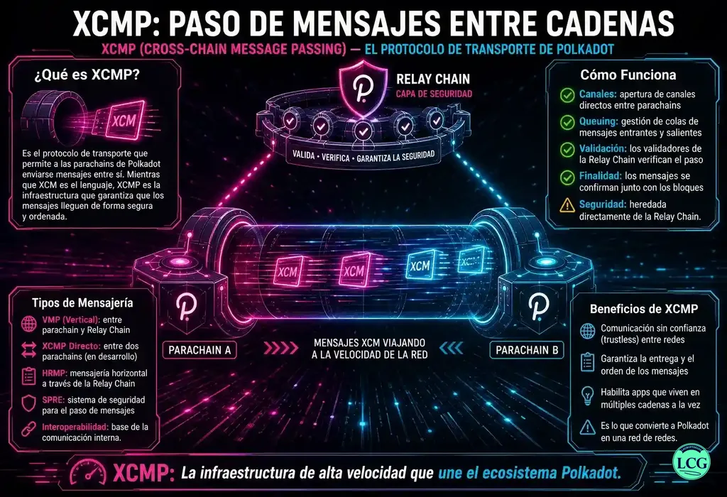 Infograf&iacute;a explicativa sobre Xcmp (Cross Chain Message Passing) en blockchain y crypto