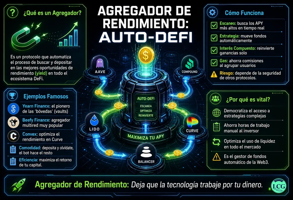 Infograf&iacute;a explicativa sobre Yield Aggregator en blockchain y crypto