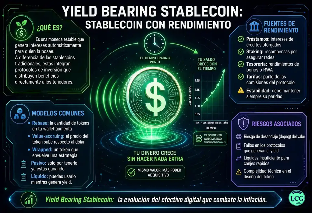 Infograf&iacute;a explicativa sobre Yield Bearing Stablecoin en blockchain y crypto