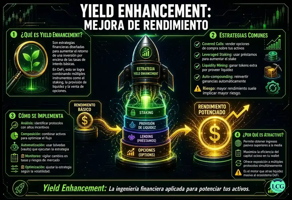 Infograf&iacute;a explicativa sobre Yield Enhancement en blockchain y crypto