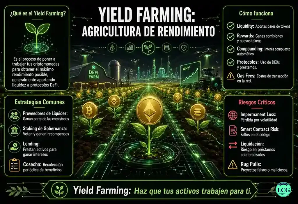 Infograf&iacute;a explicativa sobre Yield Farming en blockchain y crypto