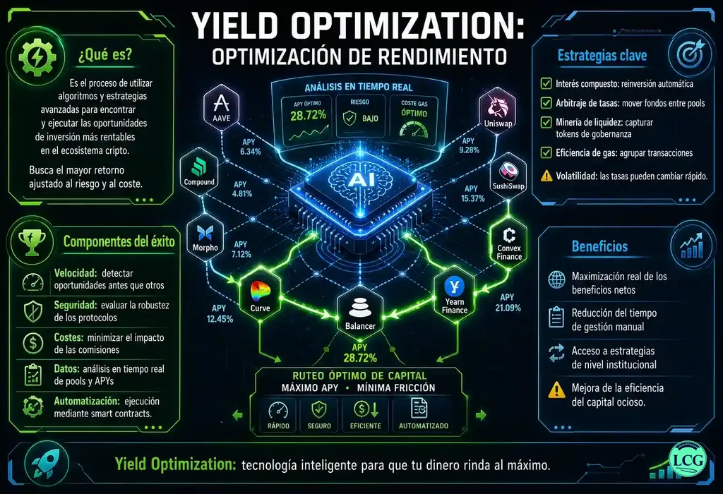 Infograf&iacute;a explicativa sobre Yield Optimization en blockchain y crypto