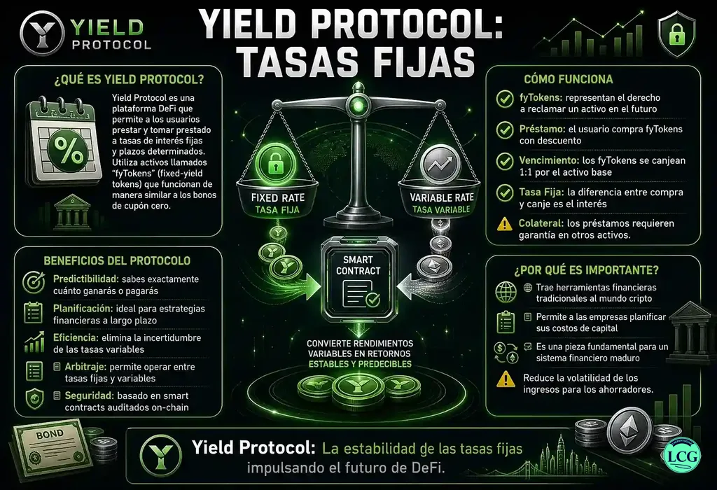 Infograf&iacute;a explicativa sobre Yield Protocol en blockchain y crypto
