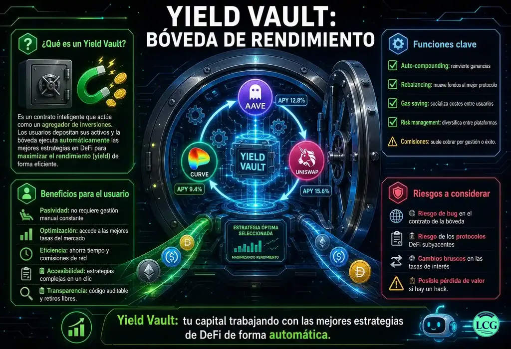 Infograf&iacute;a explicativa sobre Yield Vault en blockchain y crypto