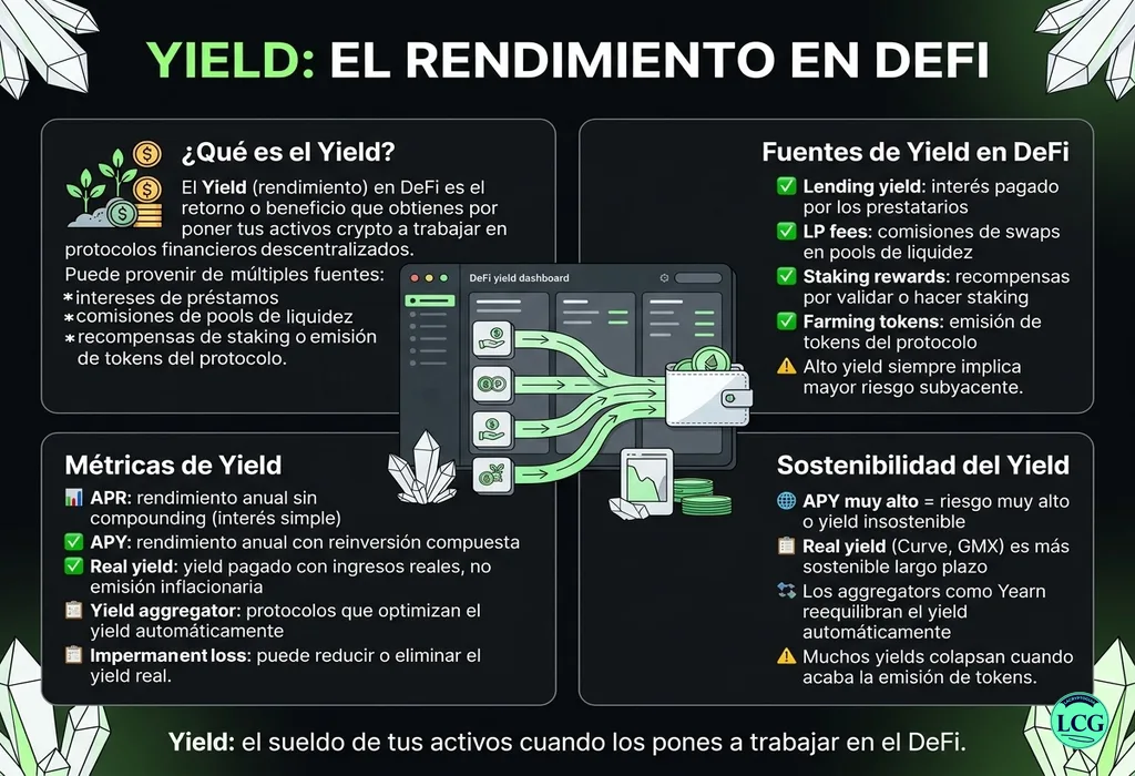 Infograf&iacute;a explicativa sobre Yield en blockchain y crypto