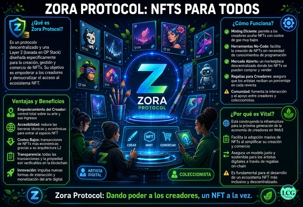 Infograf&iacute;a explicativa sobre Zora Protocol en blockchain y crypto