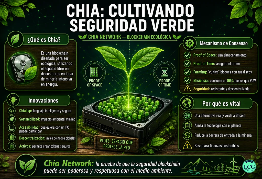 Infograf&iacute;a explicativa sobre Chia Network en blockchain y crypto