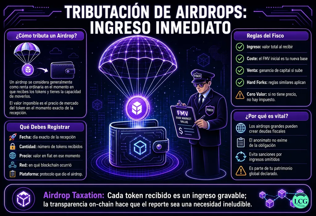 Infografía explicativa sobre Airdrop Taxation en blockchain y crypto