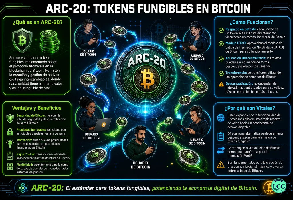 Infografía explicativa sobre Arc 20 en blockchain y crypto