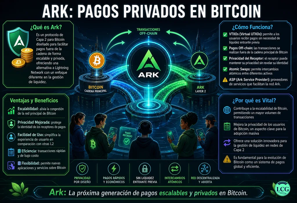 Infograf&iacute;a explicativa sobre Ark Bitcoin en blockchain y crypto