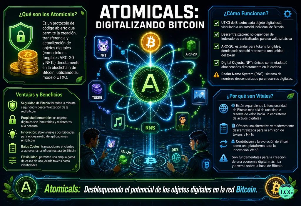 Infografía explicativa sobre Atomicals en blockchain y crypto