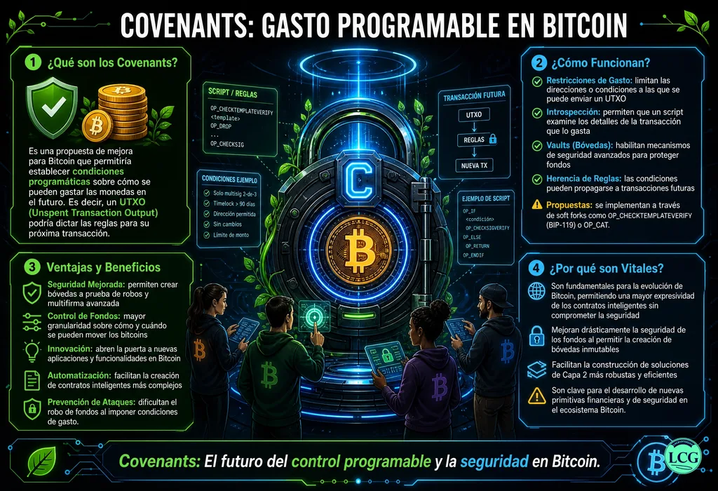 Infografía explicativa sobre Bitcoin Covenants en blockchain y crypto