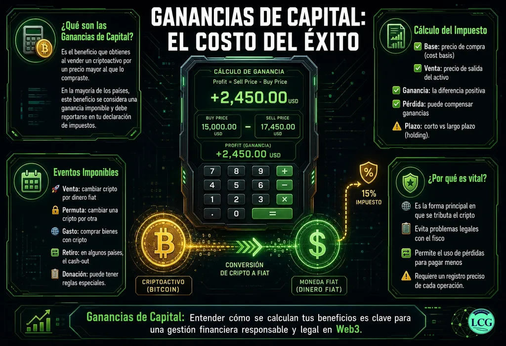 Infograf&iacute;a explicativa sobre Capital Gains en blockchain y crypto