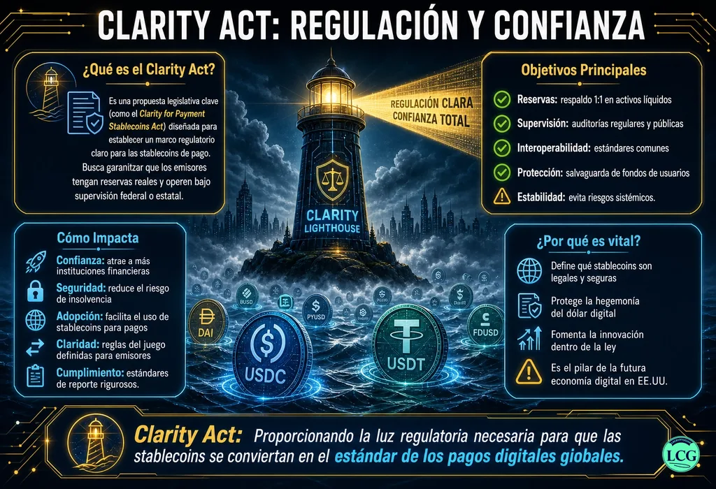 Infograf&iacute;a explicativa sobre Clarity Act en blockchain y crypto
