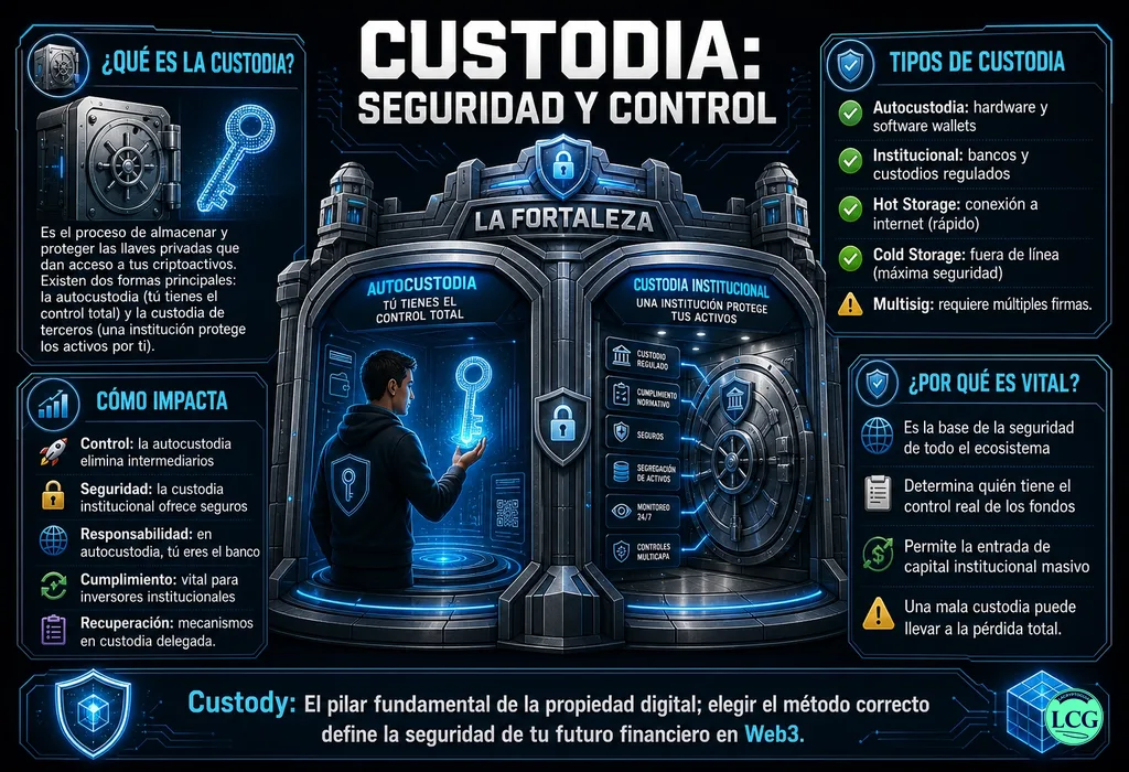 Infograf&iacute;a explicativa sobre Custody en blockchain y crypto
