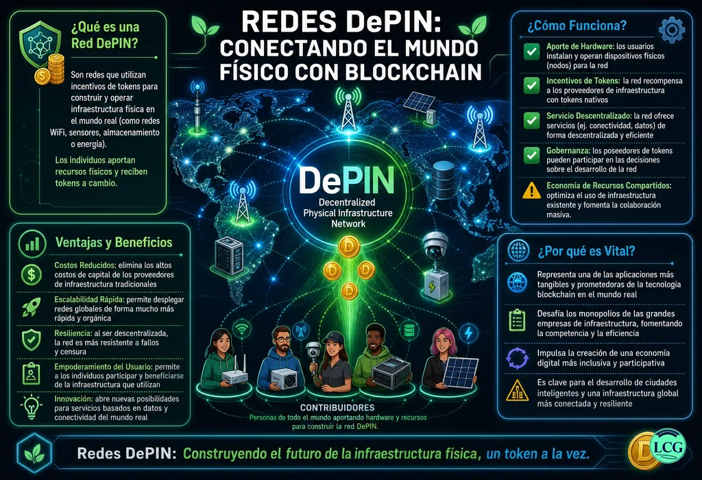 Infografía explicativa sobre Depin Network en blockchain y crypto