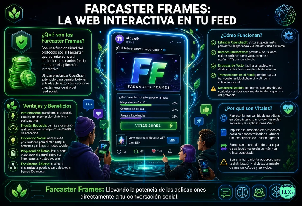 Infografía explicativa sobre Farcaster Frames en blockchain y crypto
