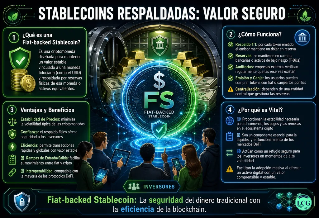 Infografía explicativa sobre Fiat Backed Stablecoin en blockchain y crypto