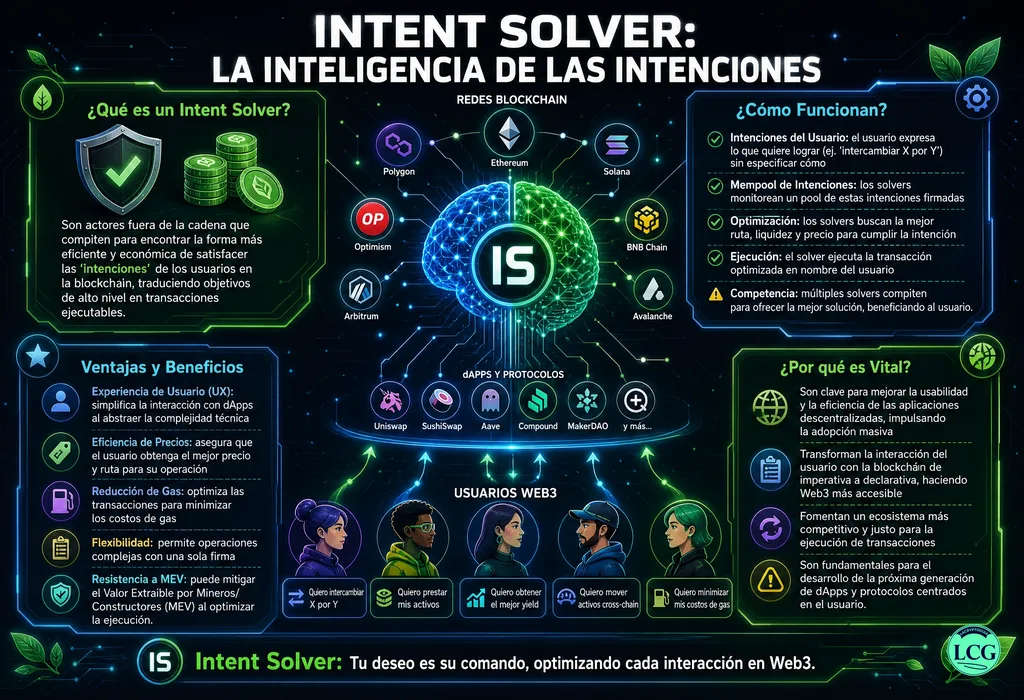 Infografía explicativa sobre Intent Solver en blockchain y crypto