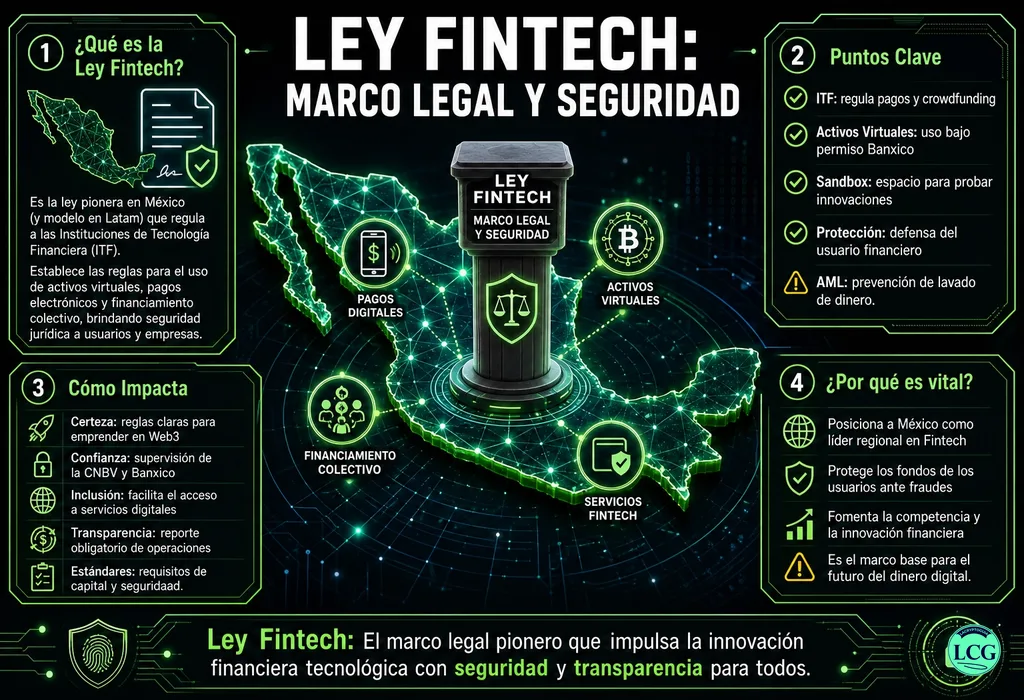 Infograf&iacute;a explicativa sobre Ley Fintech en blockchain y crypto