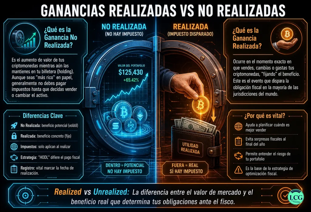Infograf&iacute;a explicativa sobre Realized Vs Unrealized Gains en blockchain y crypto
