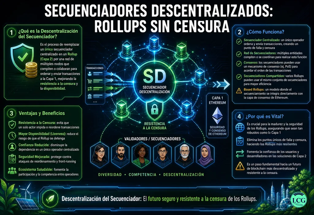 Infograf&iacute;a explicativa sobre Sequencer Decentralization en blockchain y crypto