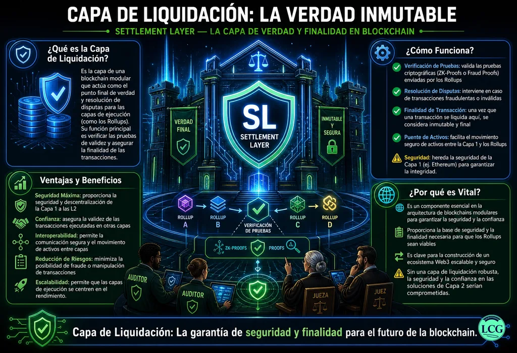 Infografía explicativa sobre Settlement Layer en blockchain y crypto