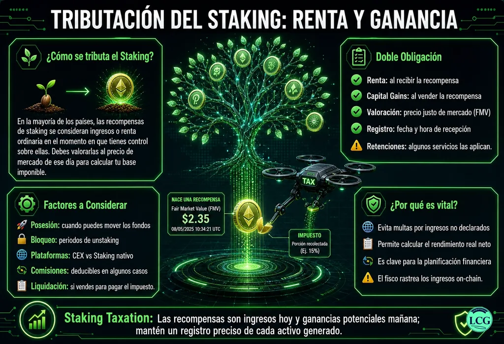 Infografía explicativa sobre Staking Rewards Taxation en blockchain y crypto