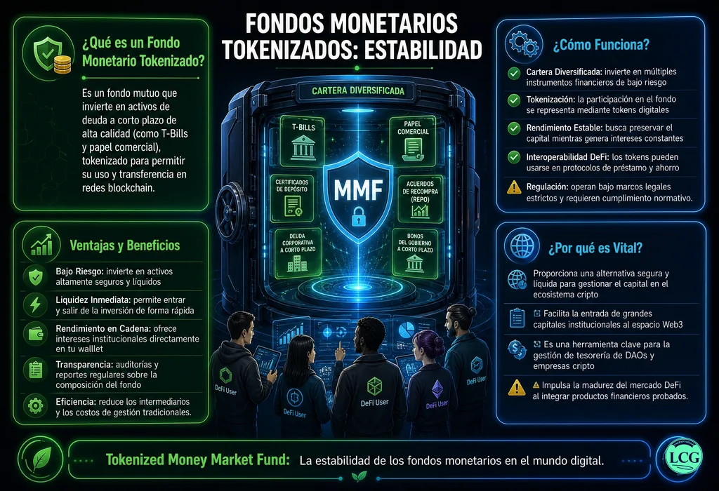Infografía explicativa sobre Tokenized Money Market Fund en blockchain y crypto