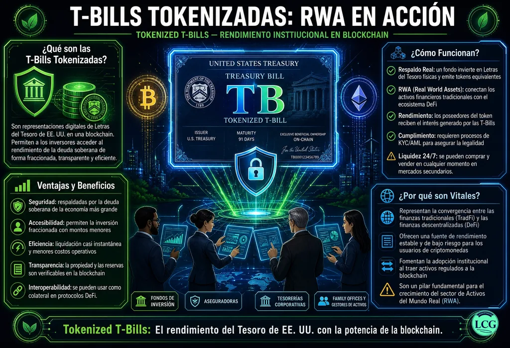Infograf&iacute;a explicativa sobre Tokenized T Bills en blockchain y crypto