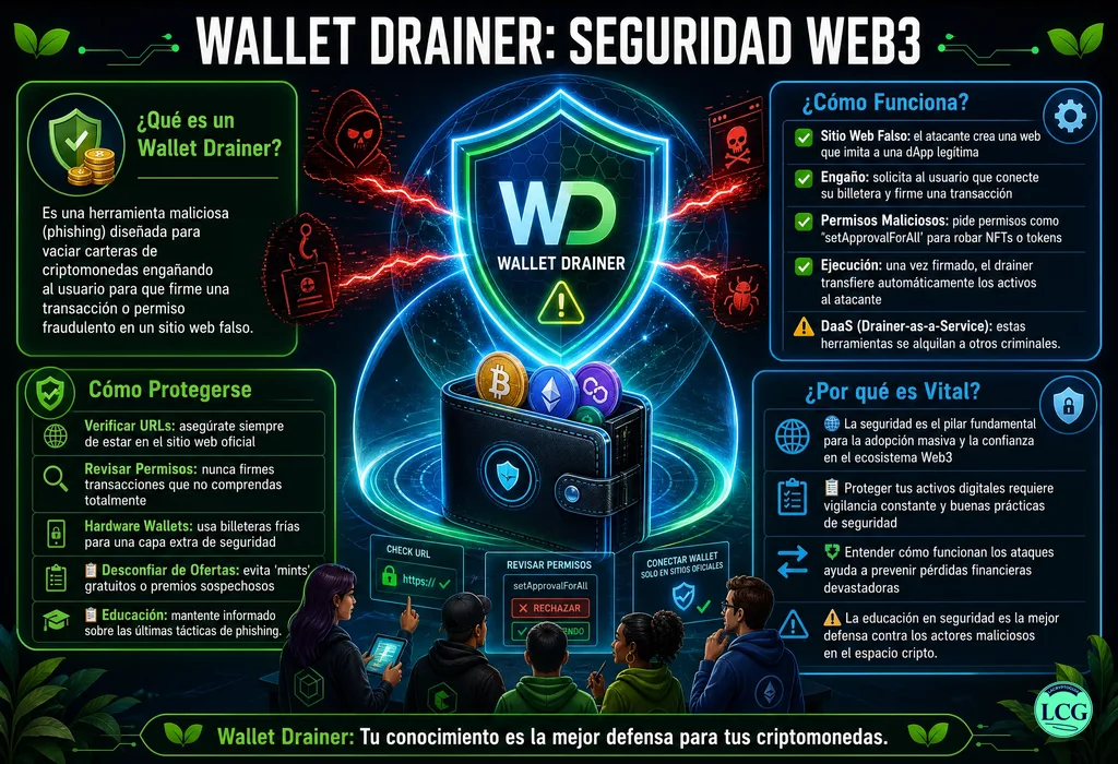 Infografía explicativa sobre Wallet Drainer en blockchain y crypto